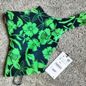Zara Navy and Lime Floral Top- Nwt